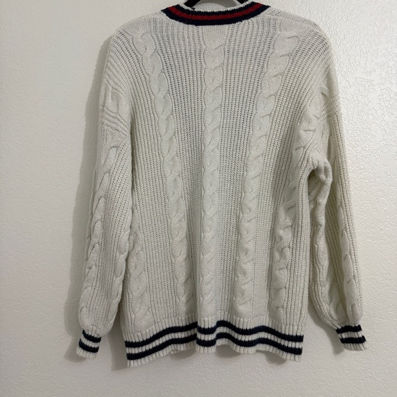 AMERICAN EAGLE Red White Blue Preppy Chunky Cable Knit Button Cardigan‎ Small - Picture 2 of 4